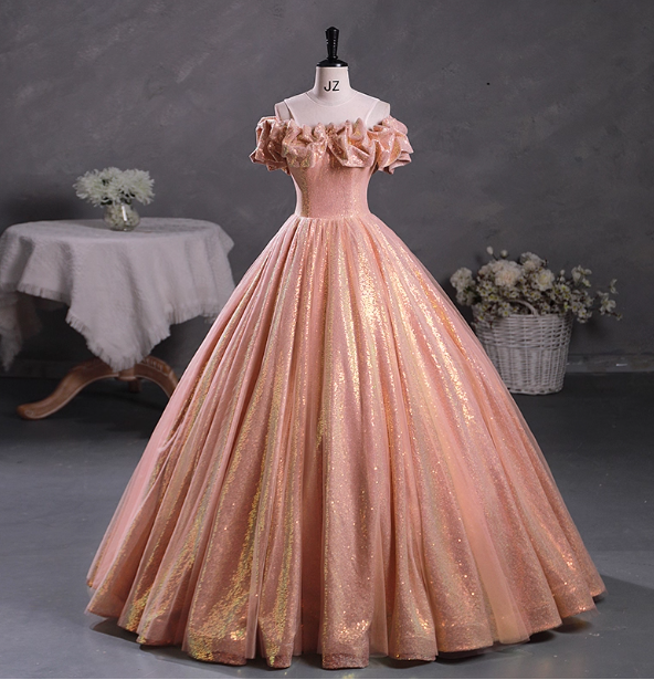 Gorgeous Shimmering Pink-Gold Ruched Sequin Sheer Tulle Long Ball Gown Evening Dress Sweet 16 Dress Main image