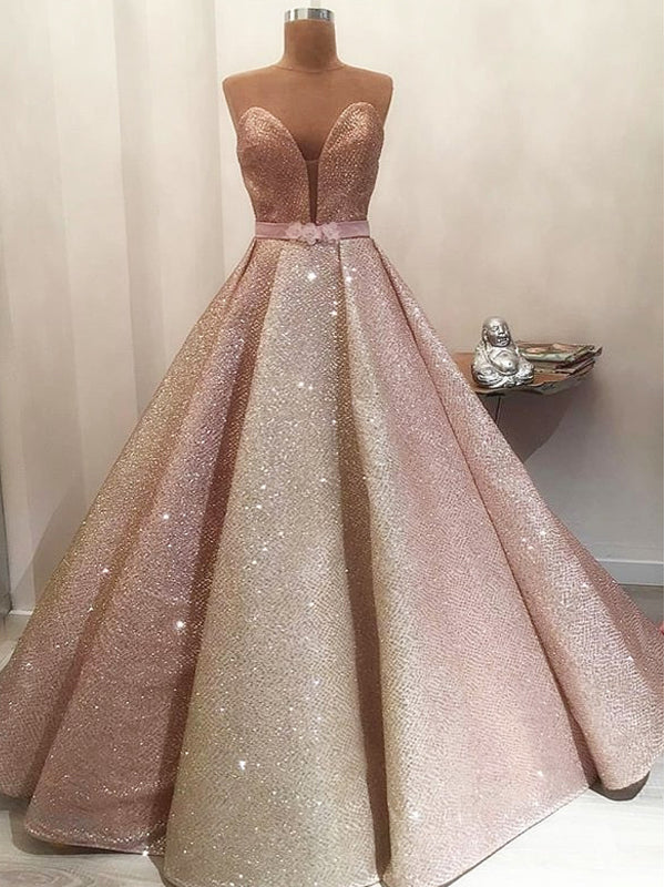 Gorgeous Shiny Rose Gold Satin Strapless Ball Gown Prom Dresses Main image