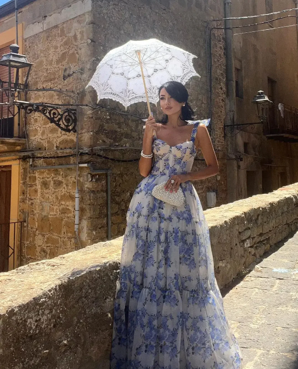 Elegant Floral Print Chiffon Long Prom Dresses Evening Dresses