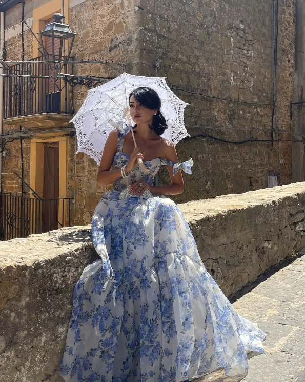 Elegant Floral Print Chiffon Long Prom Dresses Evening Dresses
