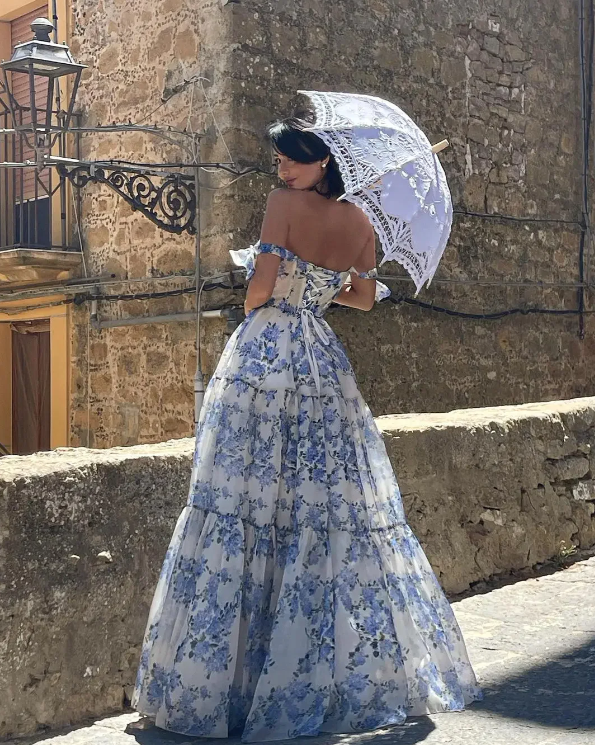 Elegant Floral Print Chiffon Long Prom Dresses Evening Dresses