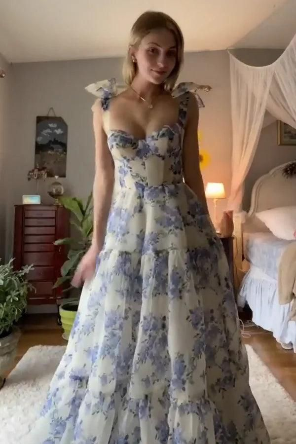 Elegant Floral Print Chiffon Long Prom Dresses Evening Dresses