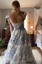 Elegant Floral Print Chiffon Long Prom Dresses Evening Dresses