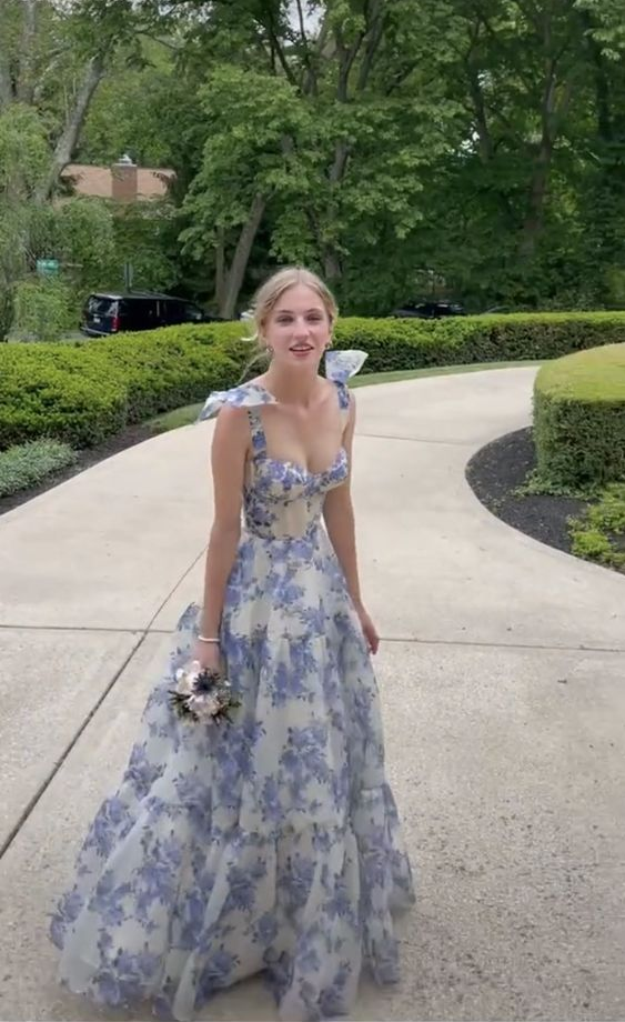 Elegant Floral Print Chiffon Long Prom Dresses Evening Dresses Main image