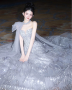 Gorgeous Silver Gray A-Line Strapless Sequined Train Prom Dress Evening Dress