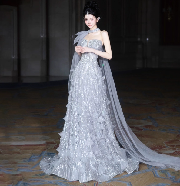 Gorgeous Silver Gray A-Line Strapless Sequined Train Prom Dress Evening Dress