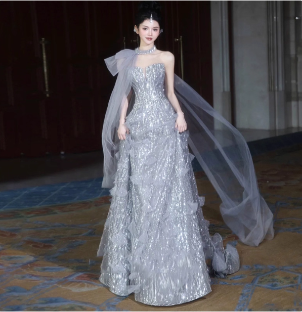 Gorgeous Silver Gray A-Line Strapless Sequined Train Prom Dress Evening Dress Main image