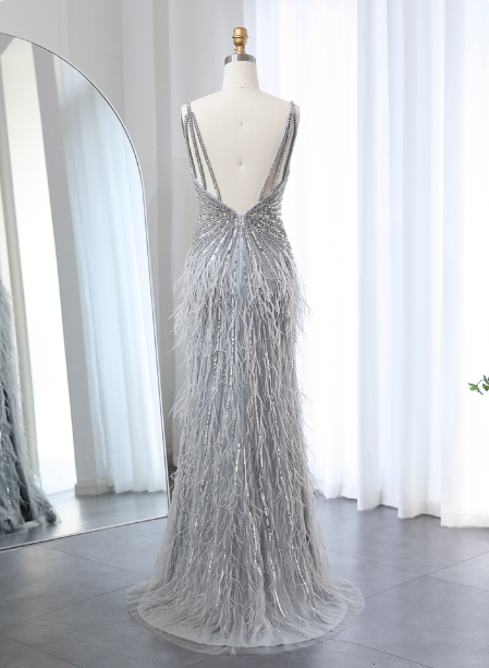 Gorgeous Silver-Grey Spaghetti Strap V-Neck Feather Sequin Slit Long Prom Dress Evening Dress Secondary image