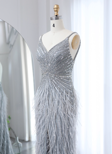 Gorgeous Silver-Grey Spaghetti Strap V-Neck Feather Sequin Slit Long Prom Dress Evening Dress