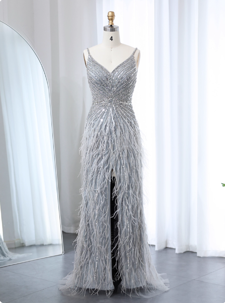 Gorgeous Silver-Grey Spaghetti Strap V-Neck Feather Sequin Slit Long Prom Dress Evening Dress