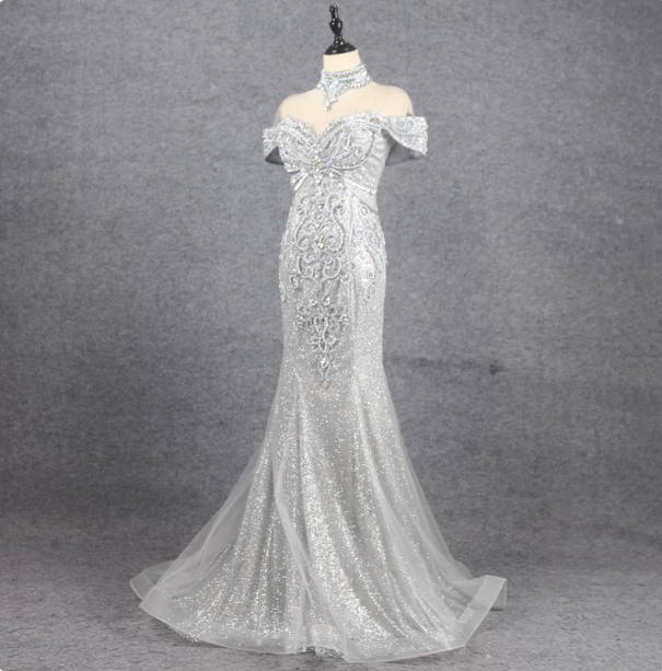 Gorgeous Silver Mermaid Off-The-Shoulder Beaded Sparkly Tulle Train Prom Dress Evening Dress Secondary image