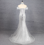 Gorgeous Silver Mermaid Off-The-Shoulder Beaded Sparkly Tulle Train Prom Dress Evening Dress