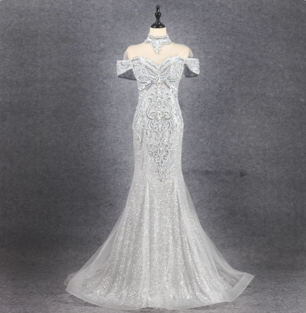 Gorgeous Silver Mermaid Off-The-Shoulder Beaded Sparkly Tulle Train Prom Dress Evening Dress