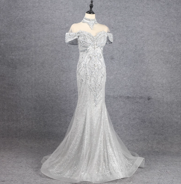 Gorgeous Silver Mermaid Off-The-Shoulder Beaded Sparkly Tulle Train Prom Dress Evening Dress Main image