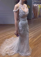 Gorgeous Silver Mermaid Off-The-Shoulder Pearl Chain Beaded Tulle Train Prom Dress Evening Dress
