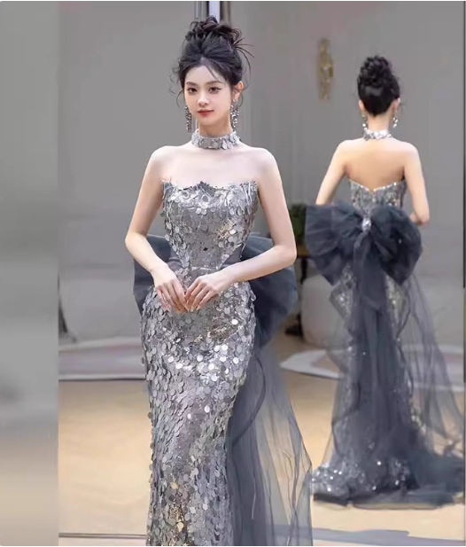 Gorgeous Silver Mermaid Strapless Bow Sequined Train Prom Dress Evening Dress