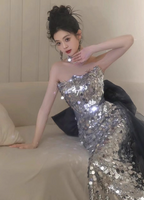 Gorgeous Silver Mermaid Strapless Bow Sequined Train Prom Dress Evening Dress