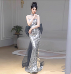 Gorgeous Silver Mermaid Strapless Bow Sequined Train Prom Dress Evening Dress
