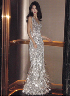 Gorgeous Silver V-Neck Tassel Sequin Long Prom Dress Evening Dress