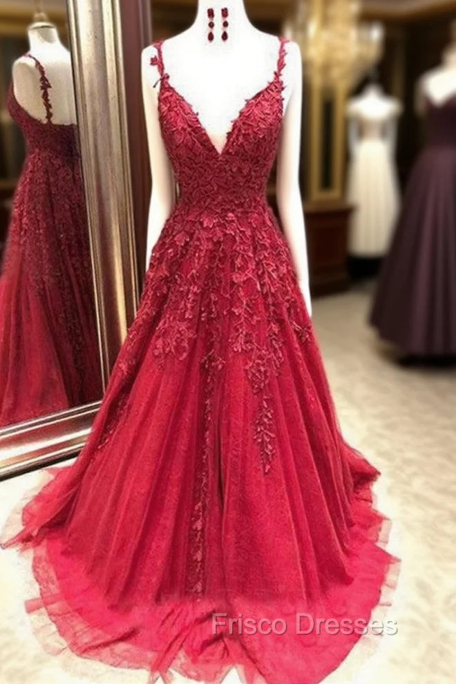 Gorgeous Spaghetti Strap Applique Formal Prom Dress Red Tulle Sleeveless Evening Dress Main image