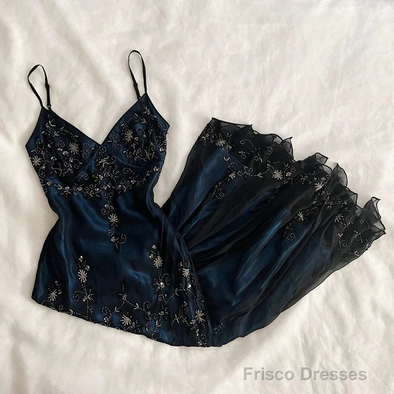 Gorgeous Spaghetti Straps Mermaid Navy Blue Beads Beaded Long Prom Dress