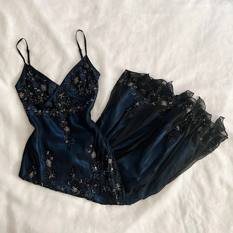 Gorgeous Mermaid Spaghetti Straps Beaded Navy Blue Satin Long Prom Dress Secondary image