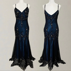 Gorgeous Mermaid Spaghetti Straps Beaded Navy Blue Satin Long Prom Dress