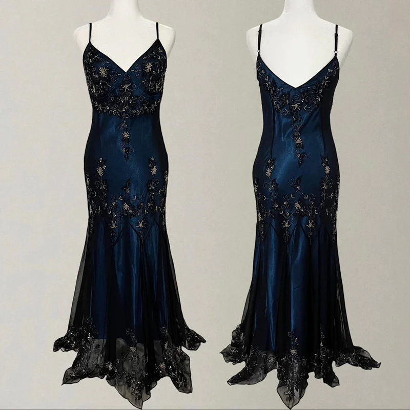 Gorgeous Mermaid Spaghetti Straps Beaded Navy Blue Satin Long Prom Dress