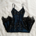 Gorgeous Mermaid Spaghetti Straps Beaded Navy Blue Satin Long Prom Dress