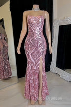 Gorgeous Spaghetti-Straps Mermaid Formal Prom Dress Sequins Sleeveless With Slit