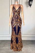 Gorgeous Spaghetti-Straps Sequins Mermaid Formal Prom Dress Long V-Neck