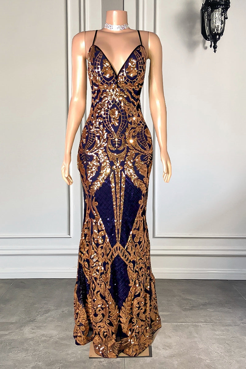 Gorgeous Spaghetti-Straps Sequins Mermaid Prom Dress Long V-Neck Secondary image