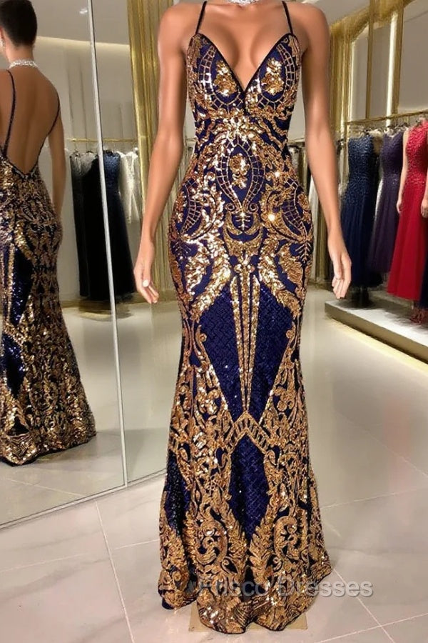 Gorgeous Spaghetti-Straps Sequins Mermaid Formal Prom Dress Long V-Neck Main image