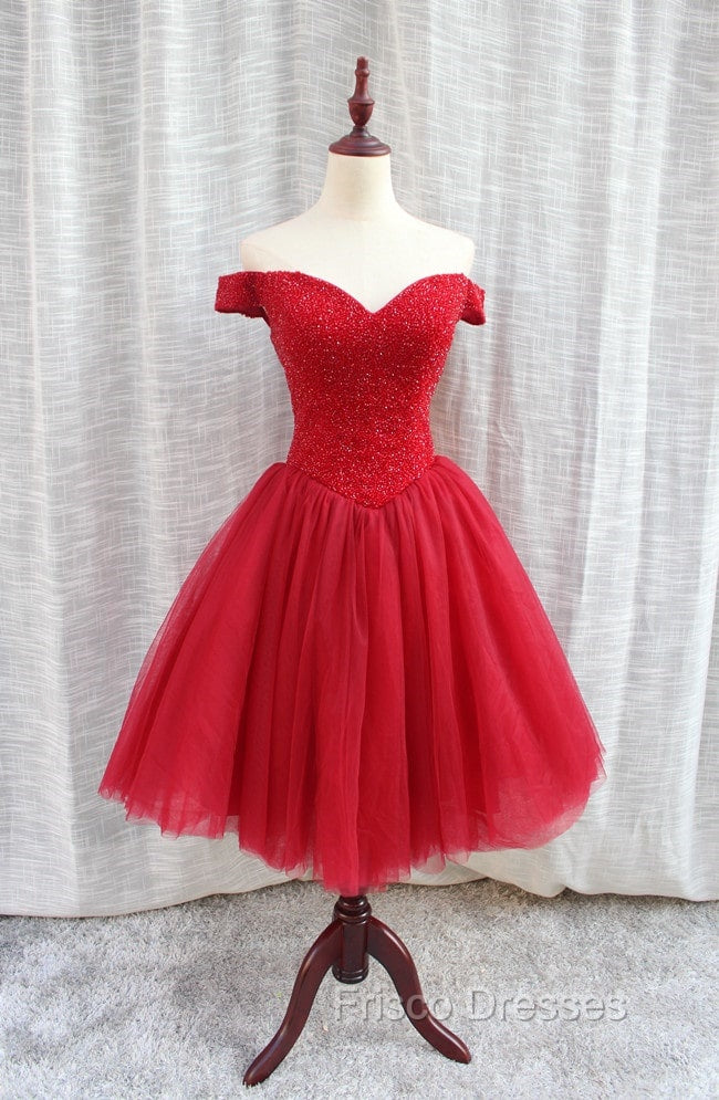 Gorgeous Sparkle Beaded Off Shoulder Red Formal Dress, Red Homecoming Dress