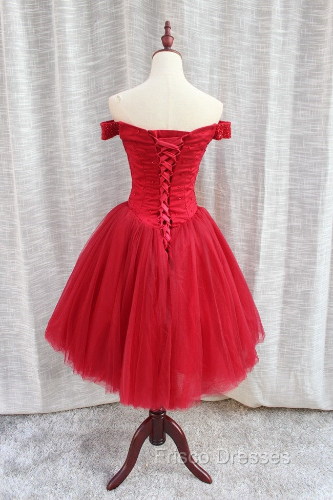 Gorgeous Sparkle Beaded Off Shoulder Red Formal Dress, Red Homecoming Dress
