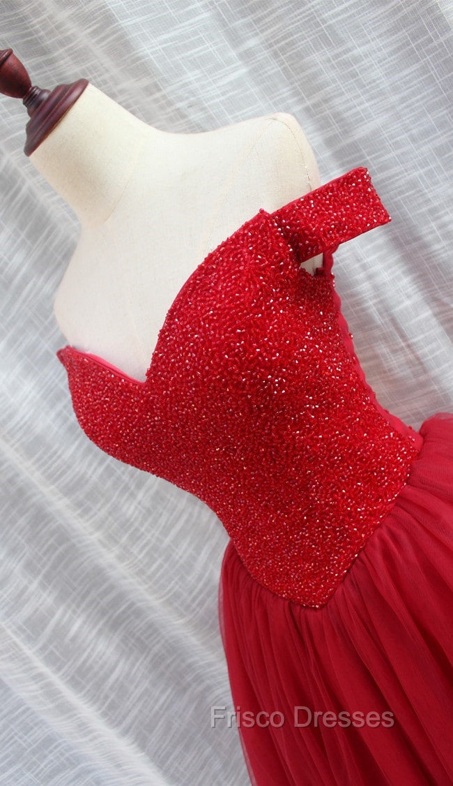 Gorgeous Sparkle Beaded Off Shoulder Red Formal Dress, Red Homecoming Dress