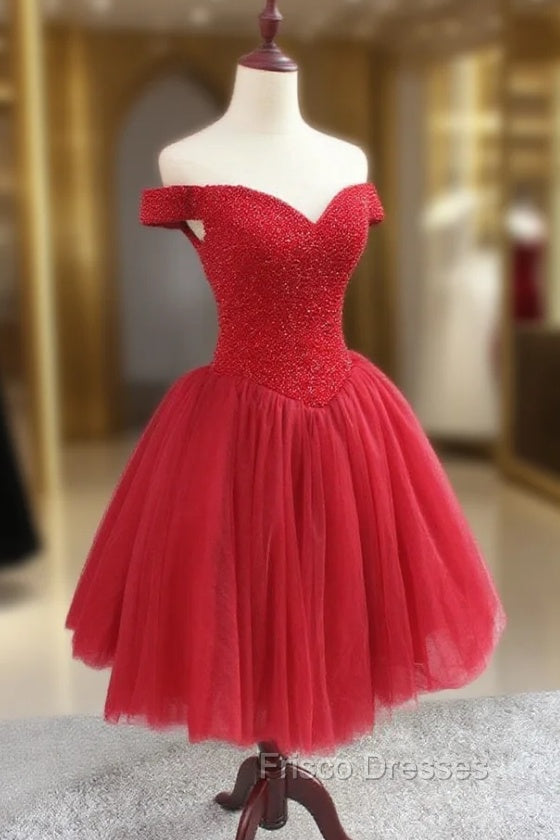 Gorgeous Sparkle Beaded Off Shoulder Red Formal Dress, Red Homecoming Dress