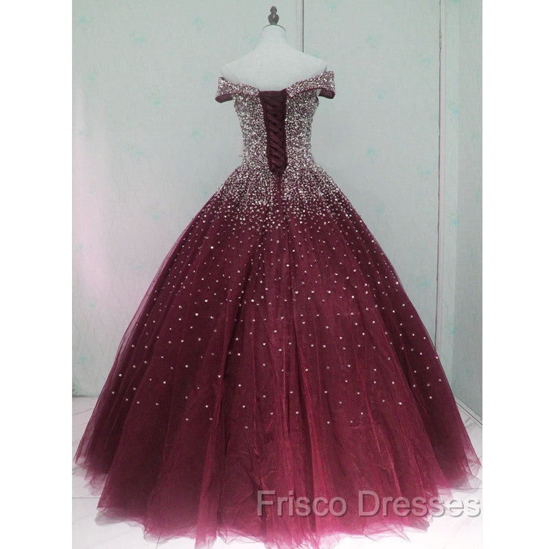 Gorgeous Sparkle Burgundy Off Shoulder Sweet 16 Gown, Burgundy Formal Prom Dress