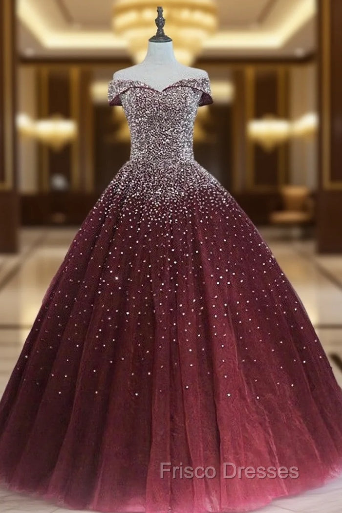 Gorgeous Sparkle Burgundy Off Shoulder Sweet 16 Gown, Burgundy Formal Prom Dress Main image