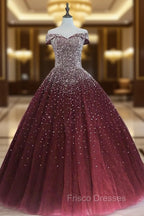 Gorgeous Sparkle Burgundy Off Shoulder Sweet 16 Gown, Burgundy Formal Prom Dress
