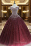 Gorgeous Sparkle Burgundy Off Shoulder Sweet 16 Gown, Burgundy Formal Prom Dress