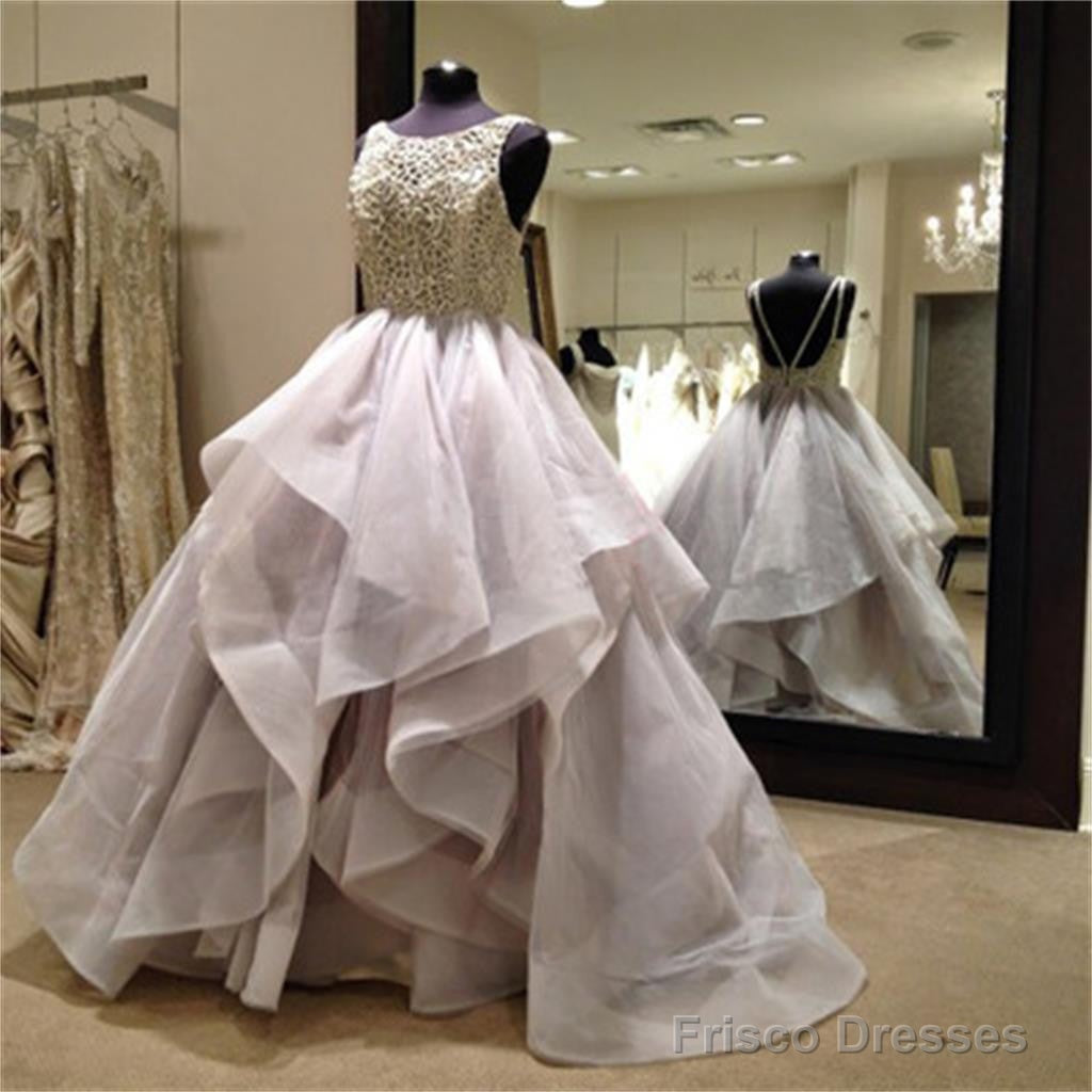 Gorgeous Sparkly Beading Top Organza Ruffles Sleeveless Open Back  Ball Gown Wedding Dress,