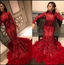 Gorgeous Sparkly Red Mermaid Evening Dresses Sequined With Feathers Long Sleeve African Black Girl Prom Dresses Formal Party Gown