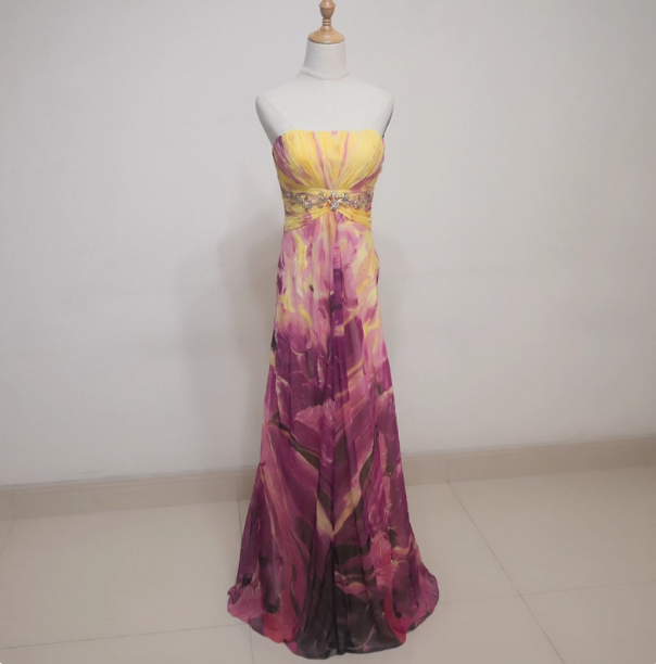 Gorgeous Strapless A-Line Printed Chiffon Long Prom Dress Evening Dress Main image