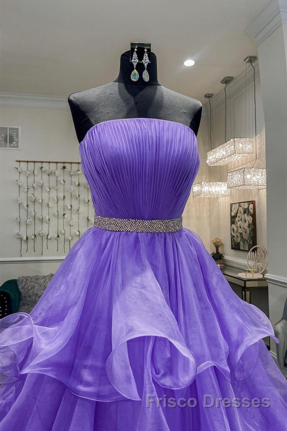 Gorgeous Strapless Layered Purple Tulle Long Formal Prom Dresses with Belt, Purple Formal Evening Dresses, Purple Ball Gown Secondary image