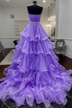Gorgeous Strapless Layered Purple Tulle Long Formal Prom Dresses with Belt, Purple Formal Evening Dresses, Purple Ball Gown