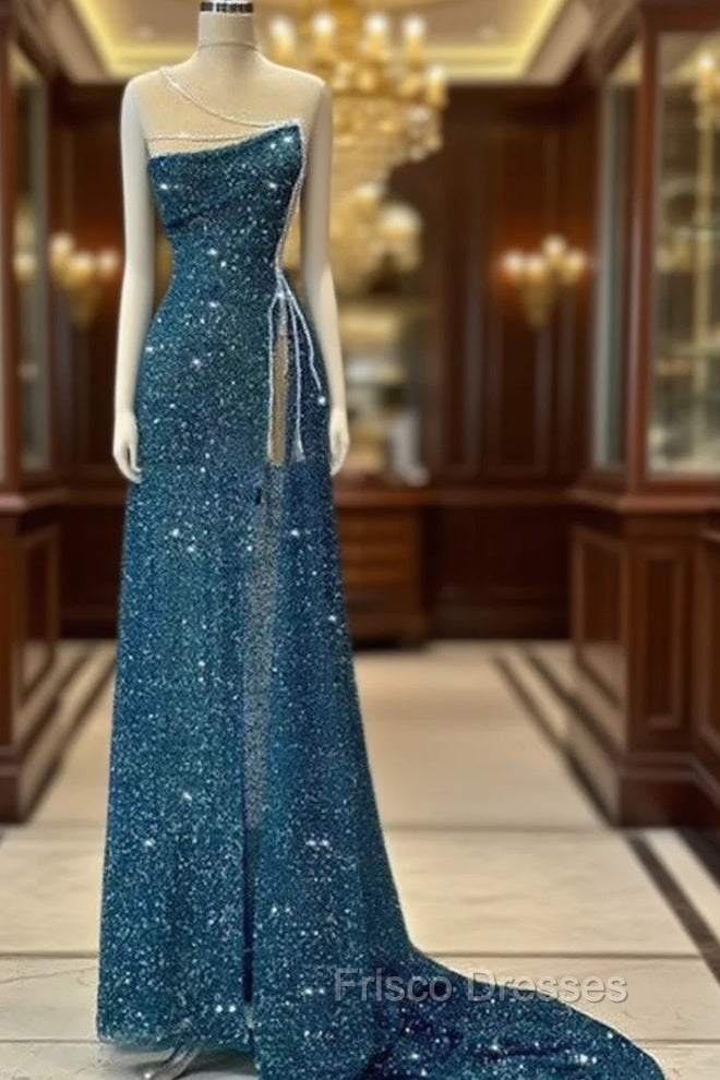 Gorgeous Teal Sheath High Slit Maxi Long Formal Prom Dress,Evening Dress Main image