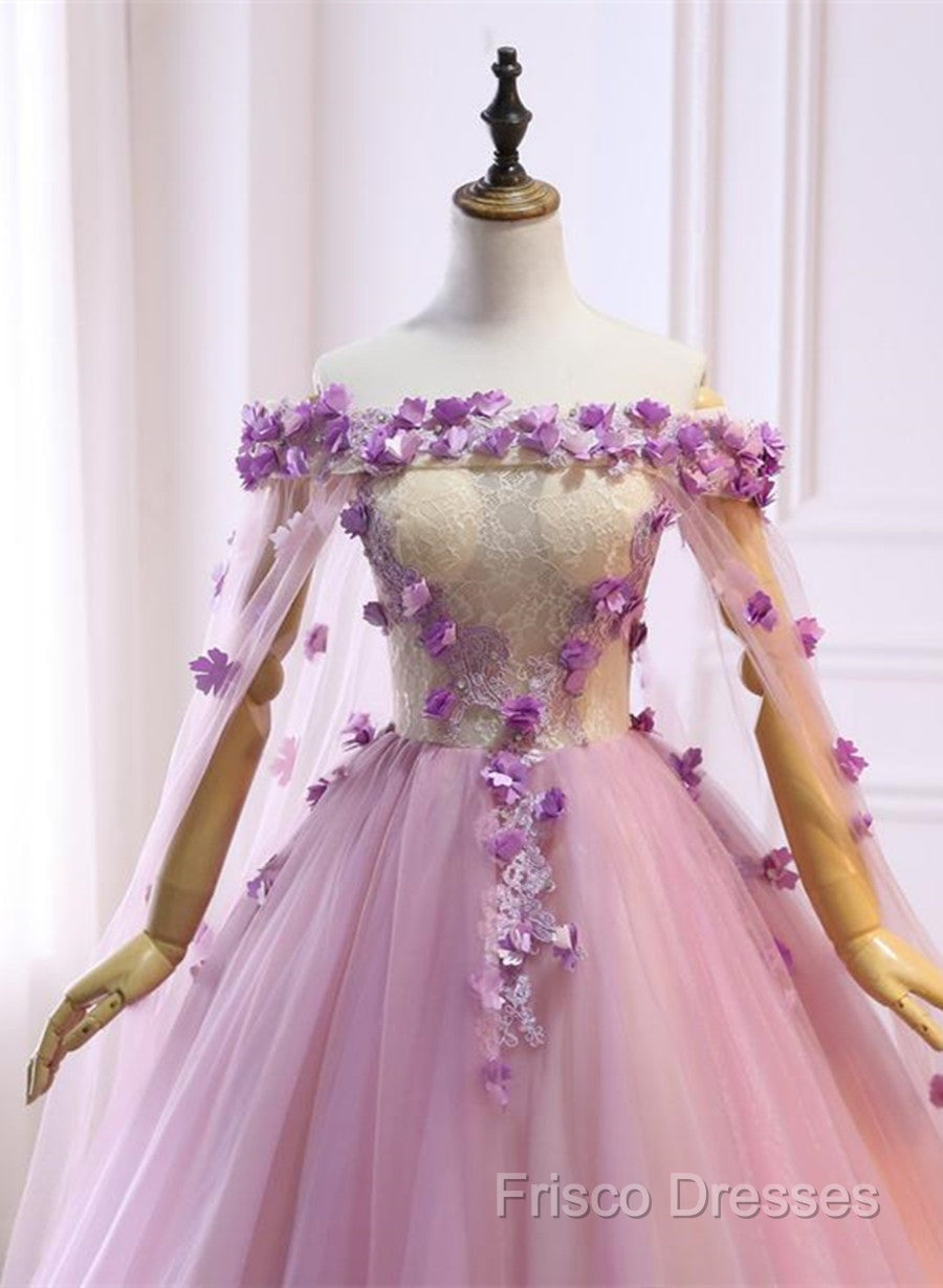 Gorgeous Tulle Off Shoulder Flowers Lace-Up Long Formal Dress, Pink Formal Prom Dress