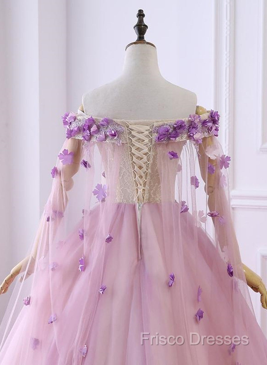 Gorgeous Tulle Off Shoulder Flowers Lace-Up Long Formal Dress, Pink Formal Prom Dress