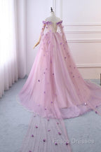 Gorgeous Tulle Off Shoulder Flowers Lace-Up Long Formal Dress, Pink Formal Prom Dress